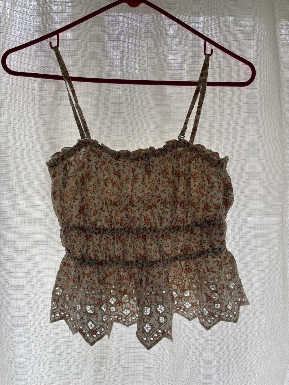 American Eagle Outfitters Cream Floral Eyelet Smocked Cami Top